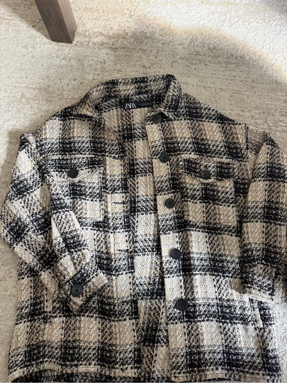 Zara Black and Cream Plaid Teddy Shacket